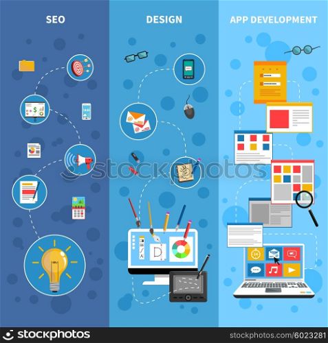 Programming Banners Set. Programming vertical banners set with design and app development symbols flat isolated vector illustration