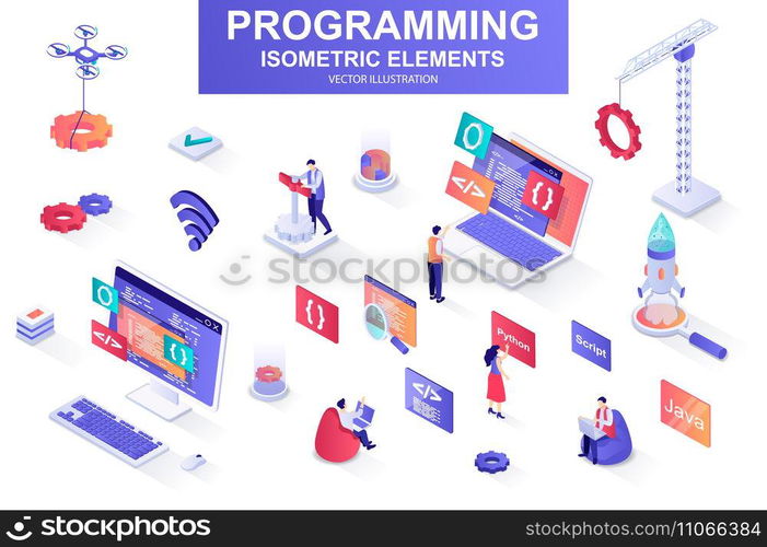 Programming bundle of isometric elements. Developer working, program languages, software engineering, full stack development isolated icons. Isometric vector illustration kit with people characters.. Programming bundle of isometric elements.