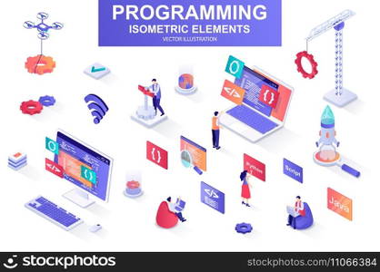 Programming bundle of isometric elements. Developer working, program languages, software engineering, full stack development isolated icons. Isometric vector illustration kit with people characters.. Programming bundle of isometric elements.
