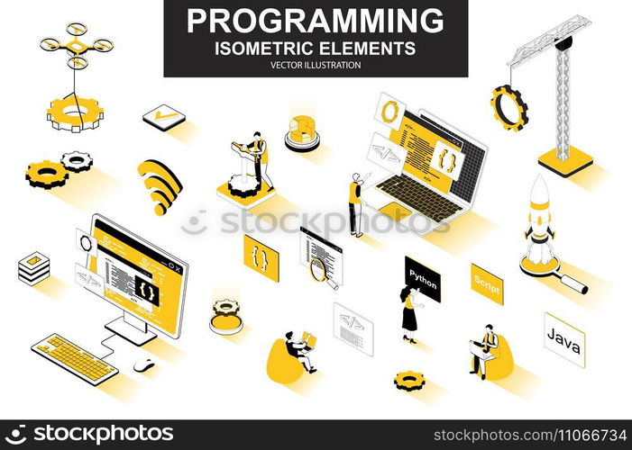 Programming bundle of isometric elements. Developer working, program languages, software engineering, full stack development isolated icons. Isometric vector illustration kit with people characters.