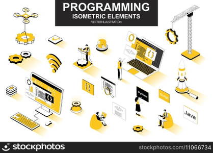 Programming bundle of isometric elements. Developer working, program languages, software engineering, full stack development isolated icons. Isometric vector illustration kit with people characters.