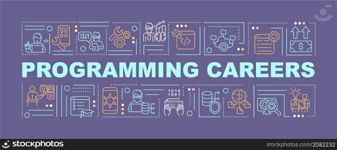 Programming career word concepts purple banner. Software coder. Infographics with linear icons on background. Isolated typography. Vector color illustration with text. Arial-Black font used. Programming career word concepts purple banner