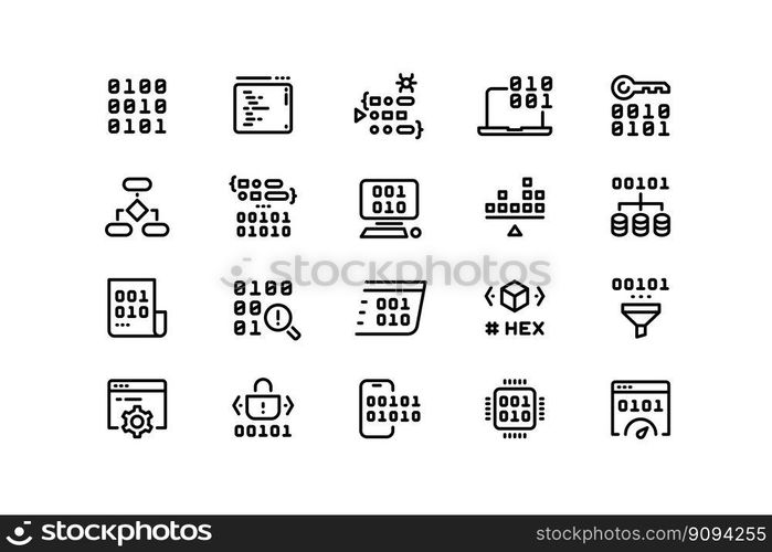 Programming code line icons. Binary hex and machine code compiling and running, software and operating system development. Vector editable stroke collection of application algorithm illustration. Programming code line icons. Binary hex and machine code compiling and running, software and operating system development. Vector editable stroke collection