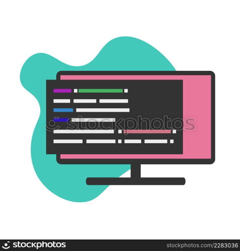 Programming code on computer screen, source code computer coding program in browser window, flat design, vector.. screen, source code computer coding program in browser window, flat design, vector
