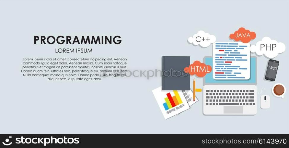 Programming Coding Concept Flat Background Vector Illustration EPS10. Programming Coding Concept Flat Background Vector Illustration