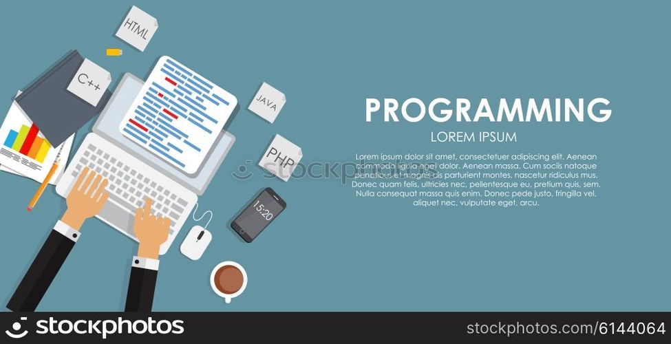 Programming Coding Concept Flat Background Vector Illustration EPS10. Programming Coding Concept Flat Background Vector Illustration