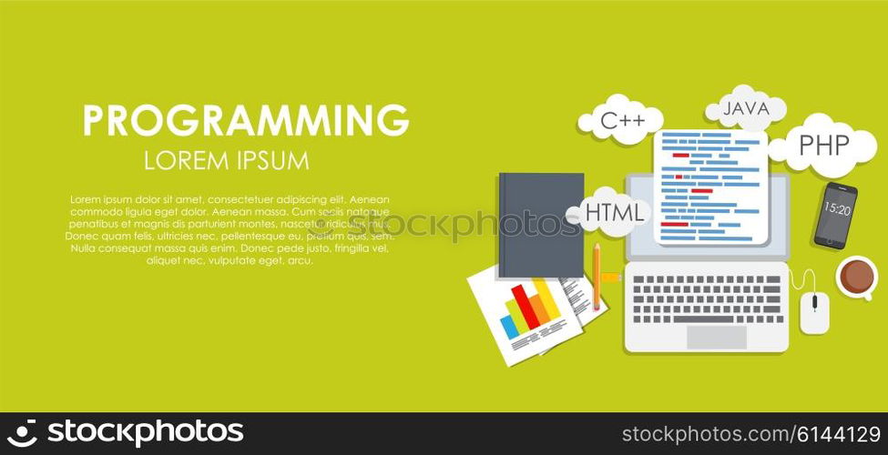 Programming Coding Concept Flat Background Vector Illustration EPS10. Programming Coding Concept Flat Background Vector Illustration