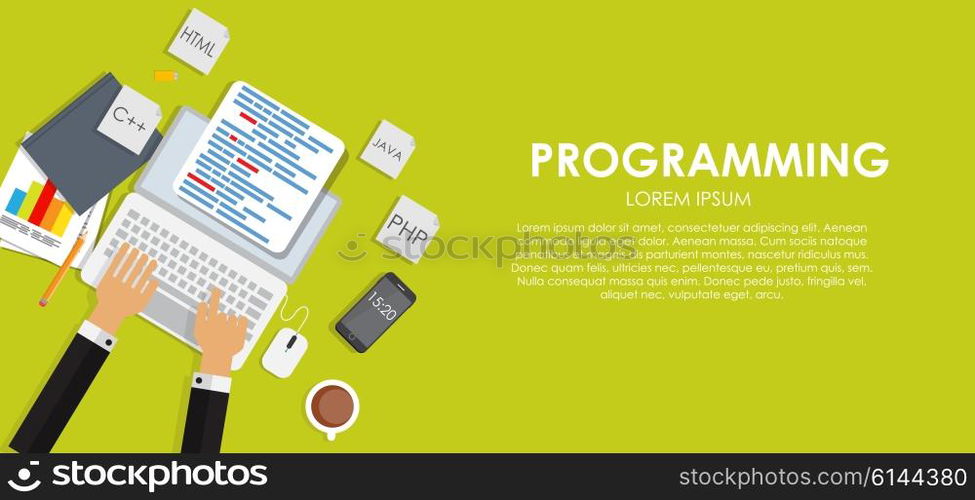 Programming Coding Concept Flat Background Vector Illustration EPS10. Programming Coding Concept Flat Background Vector Illustration