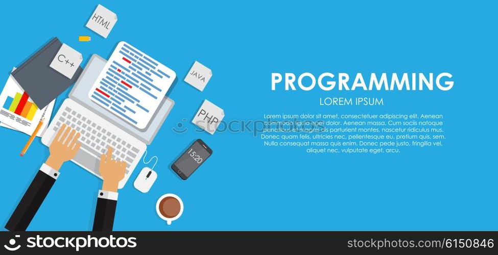 Programming Coding Concept Flat Background Vector Illustration EPS10. Programming Coding Concept Flat Background Vector Illustration