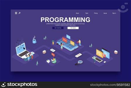 Programming company concept 3d isometric landing page template. People create software, writing code for programs, testing mobile applications. Vector illustration in isometry graphic design.