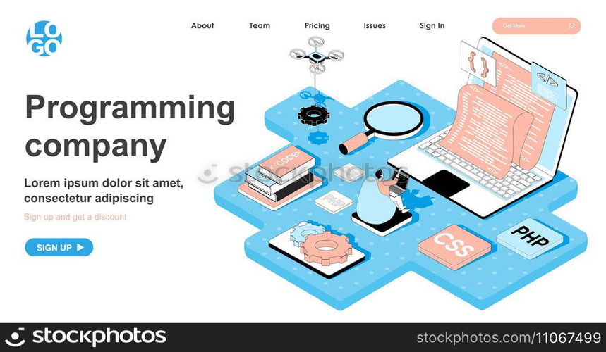 Programming company isometric concept. Programmer writes code, develops and configures programs, creates software, line flat isometry web banner. Vector illustration in 3d design for landing page