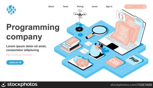 Programming company isometric concept. Programmer writes code, develops and configures programs, creates software, line flat isometry web banner. Vector illustration in 3d design for landing page