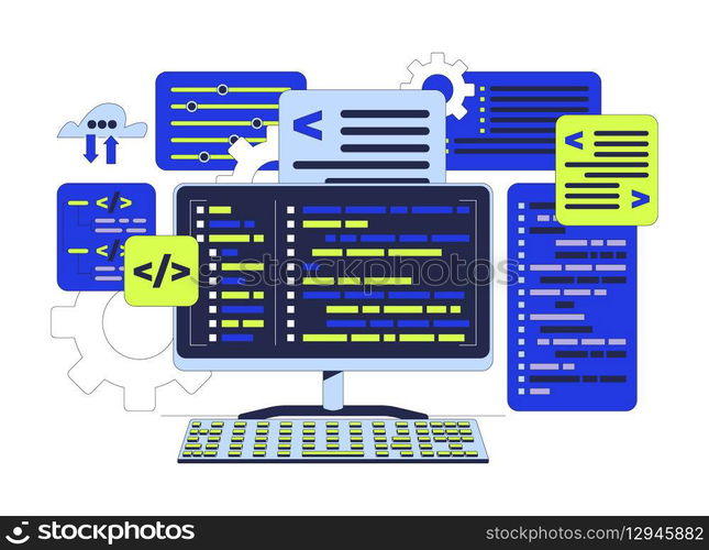 Programming computing 2D cartoon object. Backend program coding. Computer keyboard with syntax codes. Back-end development isolated element flat vector clipart on white background. Spot illustration. Programming computing 2D cartoon object