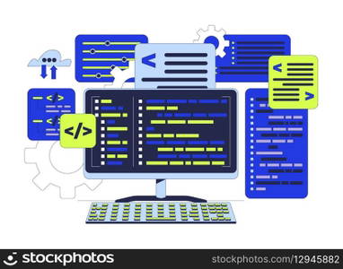 Programming computing 2D cartoon object. Backend program coding. Computer keyboard with syntax codes. Back-end development isolated element flat vector clipart on white background. Spot illustration. Programming computing 2D cartoon object