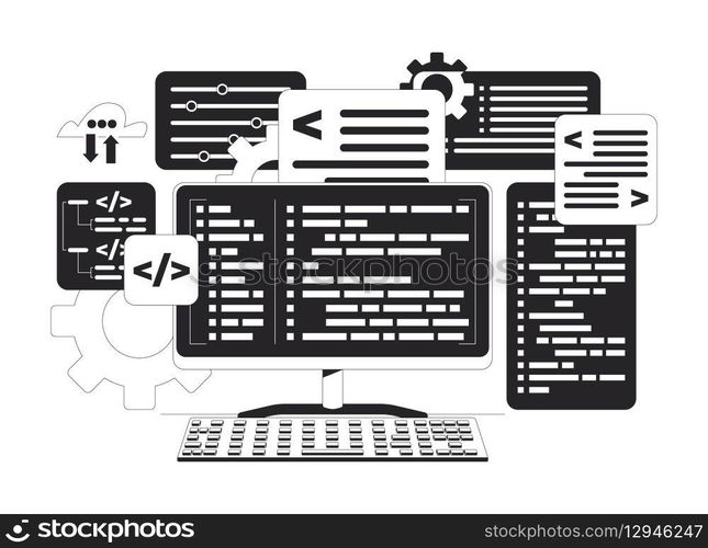 Programming computing black and white 2D line object. Backend program coding development. Computer keyboard with syntax codes isolated clip art vector outline item. Monochromatic spot illustration. Programming computing black and white 2D line object