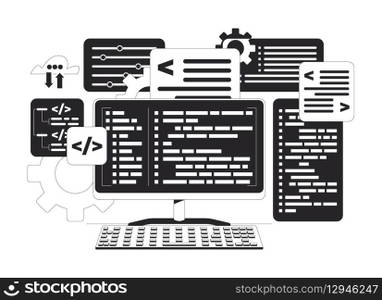 Programming computing black and white 2D line object. Backend program coding development. Computer keyboard with syntax codes isolated clip art vector outline item. Monochromatic spot illustration. Programming computing black and white 2D line object