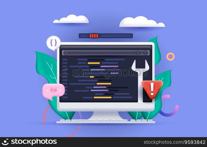 Programming concept 3D illustration. Icon composition with coding and testing on computer screen, development and optimization of software and programs. Vector illustration for modern web design