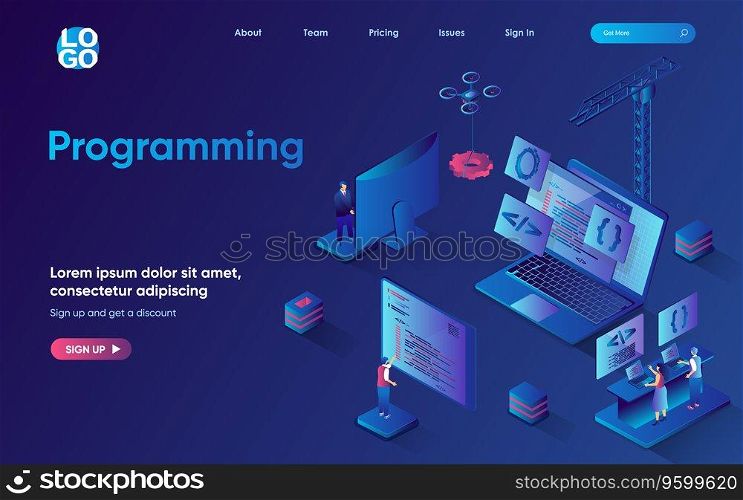 Programming concept 3d isometric web landing page. People develop software and programs, create applications, work with code, optimize and launch product. Vector illustration for web template design