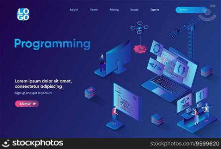 Programming concept 3d isometric web landing page. People develop software and programs, create applications, work with code, optimize and launch product. Vector illustration for web template design