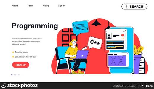 Programming concept for landing page template. Woman writing code and creating mobile app interface. Software development people scene. Vector illustration with flat character design for web banner