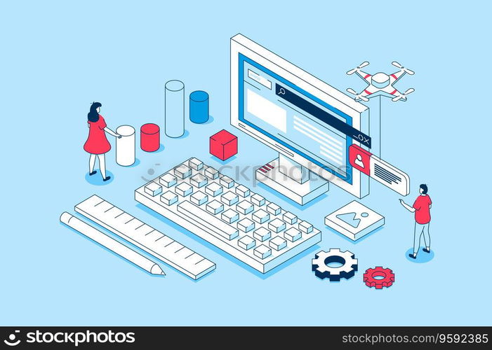 Programming concept in 3d isometric design. People working with code or script, creating software, prototyping and making optimization programs. Vector illustration with isometry scene for web graphic