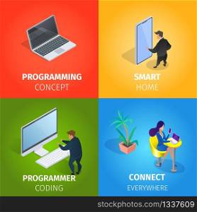 Programming Concept, Programmer Coding, Smart Home, Connect Everywhere Square Banners Set. Business People Using Smart Internet Technology in Working Process. 3D Isometric Cartoon Vector Illustration.