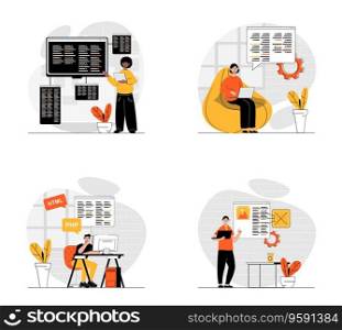 Programming concept with character set. Collection of scenes people working with code, testing and optimization programs, creating new products in IT company. Vector illustrations in flat web design