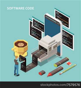 Programming concept with software code and support symbols isometric vector illustration