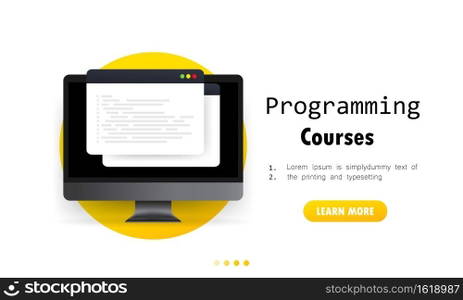 Programming courses illustration. Learning coding on computer. Cyber education course concept. Studying creating program software. Vector on isolated white background. EPS 10.. Programming courses illustration. Learning coding on computer. Cyber education course concept. Studying creating program software. Vector. EPS 10
