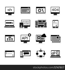 Programming data analysis and processing icons black set isolated vector illustration