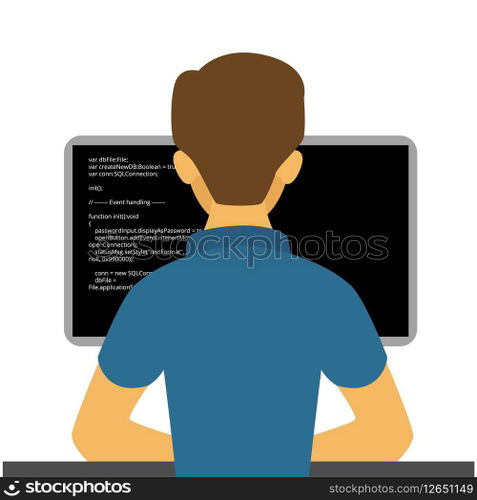 Programming developer. Young code geek, developing programmer character, it coding freelancer work illustration, networking project engineering hero. Programmer development, geek coding at computer. Programming developer. Young code geek, developing programmer character, it coding freelancer work flat illustration, networking project technologies engineering hero