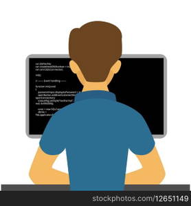 Programming developer. Young code geek, developing programmer character, it coding freelancer work illustration, networking project engineering hero. Programmer development, geek coding at computer. Programming developer. Young code geek, developing programmer character, it coding freelancer work flat illustration, networking project technologies engineering hero