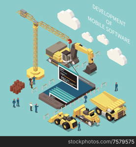 Programming development concept with cloud technology symbols isometric vector illustration