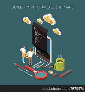 Programming development concept with mobile software symbols isometric vector illustration