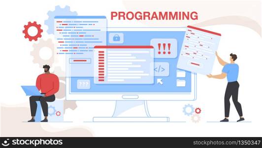 Programming Horizontal Banner. Tech Application Software Development Work. Man Programmer and Designer Working at New Web Site Page Online Project Css Html Coding. Cartoon Flat Vector Illustration. Online Project Css Html Coding and Programming