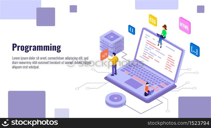 Programming isometric banner vector template. Software development tools and usability testing service 3d concept illustration for landing page. Coders, programmers team, IT project management
