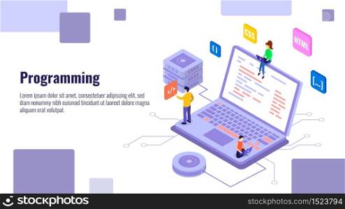 Programming isometric banner vector template. Software development tools and usability testing service 3d concept illustration for landing page. Coders, programmers team, IT project management