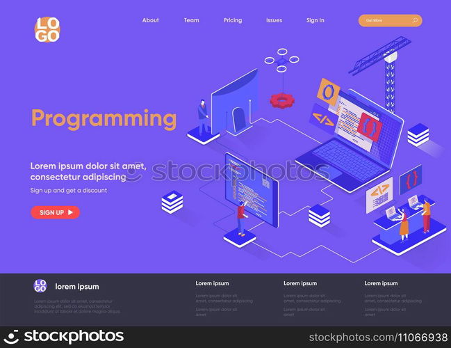 Programming isometric landing page. Full stack software development, engineering, programming isometry concept. Outsourcing company service flat web page. Vector illustration with people characters.