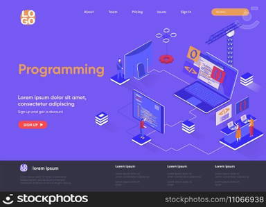 Programming isometric landing page. Full stack software development, engineering, programming isometry concept. Outsourcing company service flat web page. Vector illustration with people characters.
