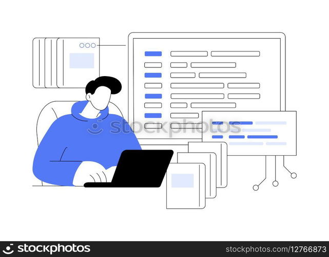 Programming language learning isolated cartoon vector illustrations. Man using laptop, learn programming language, looking at monitor, coding class, educational process vector cartoon.. Programming language learning isolated cartoon vector illustrations.