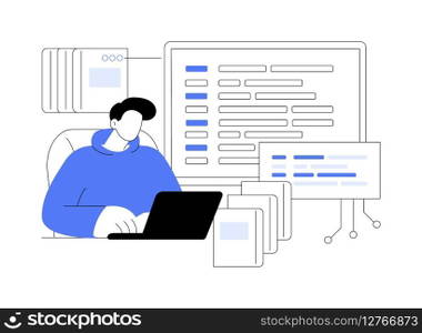 Programming language learning isolated cartoon vector illustrations. Man using laptop, learn programming language, looking at monitor, coding class, educational process vector cartoon.. Programming language learning isolated cartoon vector illustrations.