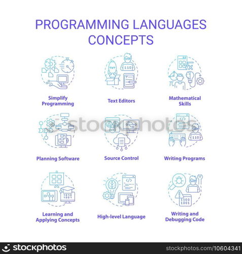 Programming languages blue gradient concept icons set. Writing code. Computer science idea thin line color illustrations. Isolated symbols. Roboto-Medium, Myriad Pro-Bold fonts used. Programming languages blue gradient concept icons set