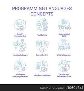 Programming languages blue gradient concept icons set. Writing code. Computer science idea thin line color illustrations. Isolated symbols. Roboto-Medium, Myriad Pro-Bold fonts used. Programming languages blue gradient concept icons set