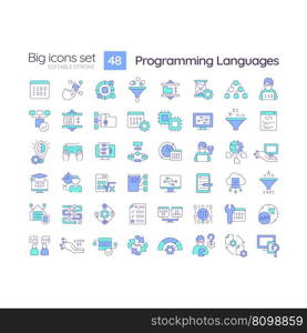 Programming languages blue RGB color icons set. Software development. Machine learning. Artificial intelligence. Isolated vector illustrations. Simple filled line drawings collection. Editable stroke. Programming languages blue RGB color icons set