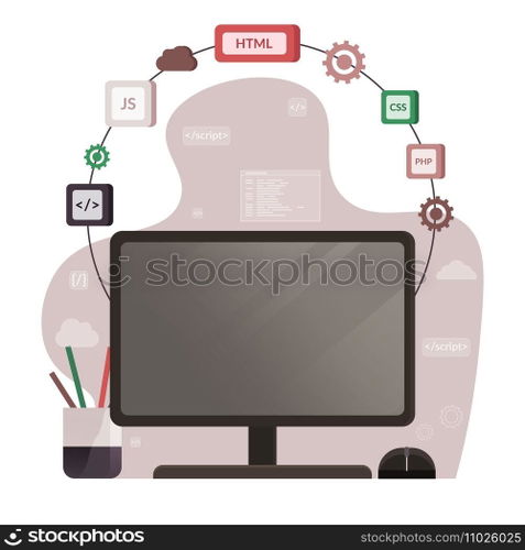Programming languages design and program code on screen. Software, web development, programming concept. Computer monitor and icons company network . Technology process of information script. Programming languages design, program code on screen. Software, web development, technology process