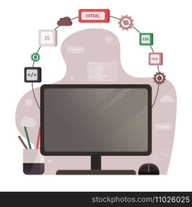 Programming languages design and program code on screen. Software, web development, programming concept. Computer monitor and icons company network . Technology process of information script. Programming languages design, program code on screen. Software, web development, technology process