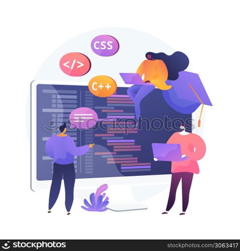 Programming languages learning. Software coding courses, website development class, script writing. IT programmers cartoon characters. Vector isolated concept metaphor illustration.. Programming languages learning vector concept metaphor.