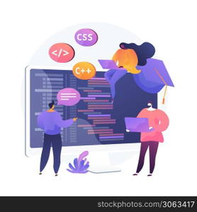 Programming languages learning. Software coding courses, website development class, script writing. IT programmers cartoon characters. Vector isolated concept metaphor illustration.. Programming languages learning vector concept metaphor.