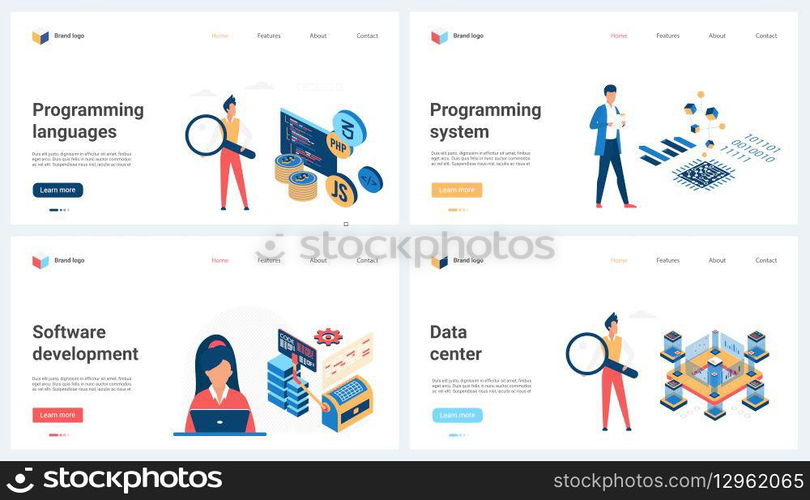 Programming languages, outsource system and digital software development, data center set vector illustration. Cartoon tiny people work with magnifying glass, programmers analyze program code. Programming languages, outsource system and software development, data center set