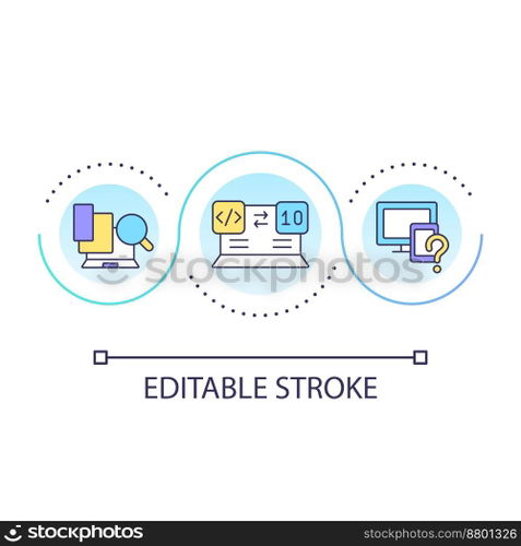 Programming on multiple devices loop concept icon. Identifying platform for software engineering abstract idea thin line illustration. Isolated outline drawing. Editable stroke. Arial font used. Programming on multiple devices loop concept icon